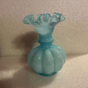 VTG Fenton Blue Overlay Melon Bud Vase. Ruffled Art Glass.